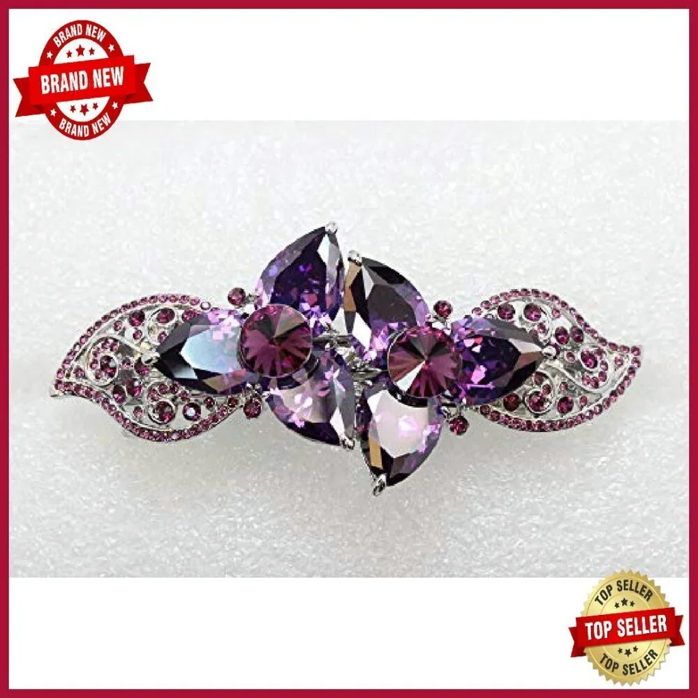 Large Floral Hair Barrette with CZ Crystals for Thick Hair